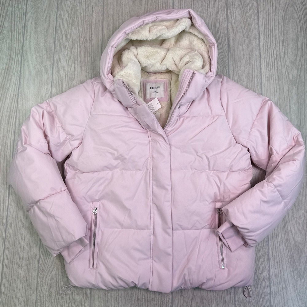 Hollister Women Pink Faux Fur Lined Puffer Jacket Size M New With Tags